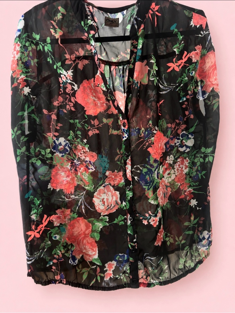 ONLY Black Sheer Floral Button-Up Blouse with Coral & Green Print